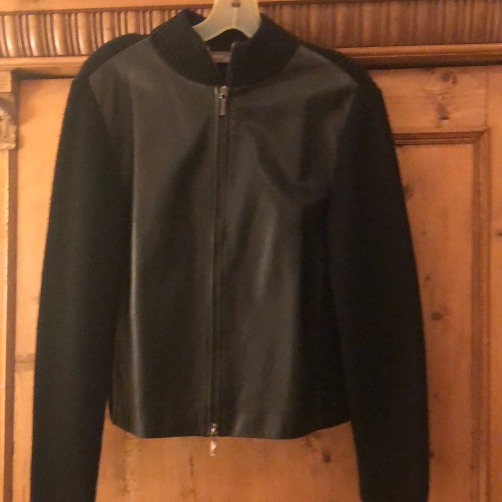 WOMENS black leather sweater jacket. By “Valerie” Separates Petite Medium.